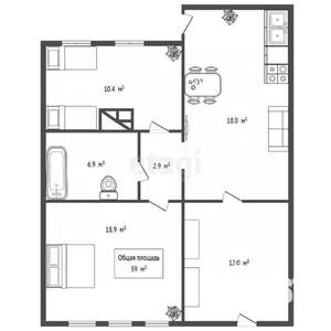 Дом 59м², 1-этажный, участок 4 сот.  