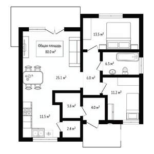 Дом 80м², 1-этажный, участок 6 сот.  