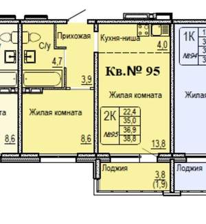 2-к квартира, на длительный срок, 35м2, 10/17 этаж