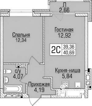 2-к квартира, на длительный срок, 39м2, 5/9 этаж