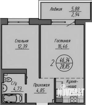 2-к квартира, на длительный срок, 46м2, 2/24 этаж