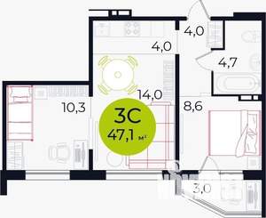 2-к квартира, на длительный срок, 47м2, 3/17 этаж