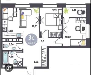 3-к квартира, на длительный срок, 57м2, 22/27 этаж