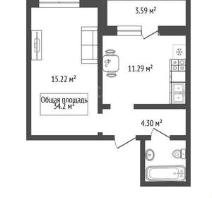 1-к квартира, на длительный срок, 34м2, 4/15 этаж