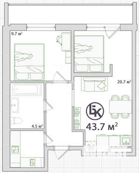 1-к квартира, на длительный срок, 44м2, 4/17 этаж