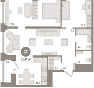 2-к квартира, вторичка, 85м2, 19/30 этаж