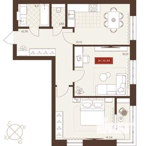 2-к квартира, строящийся дом, 62м2, 5/24 этаж