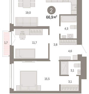 2-к квартира, вторичка, 67м2, 13/23 этаж