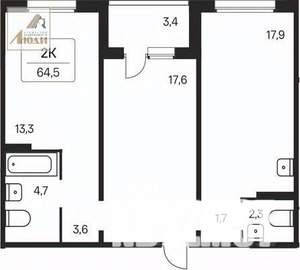 2-к квартира, вторичка, 59м2, 2/17 этаж
