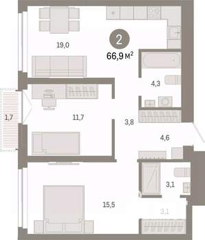 2-к квартира, вторичка, 67м2, 17/23 этаж