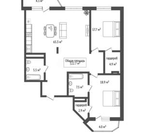 3-к квартира, вторичка, 123м2, 13/16 этаж