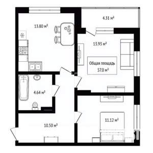 2-к квартира, вторичка, 57м2, 17/23 этаж