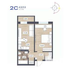2-к квартира, строящийся дом, 44м2, 13/17 этаж