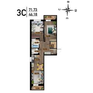 3-к квартира, строящийся дом, 72м2, 13/17 этаж