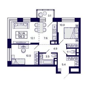 3-к квартира, вторичка, 56м2, 20/23 этаж