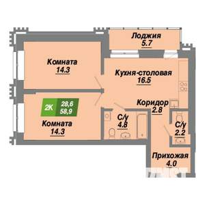 2-к квартира, строящийся дом, 59м2, 16/22 этаж