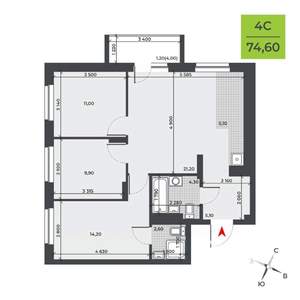 4-к квартира, вторичка, 75м2, 2/21 этаж