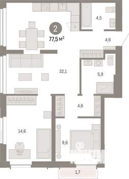 2-к квартира, вторичка, 77м2, 10/14 этаж