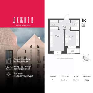 1-к квартира, вторичка, 36м2, 13/13 этаж