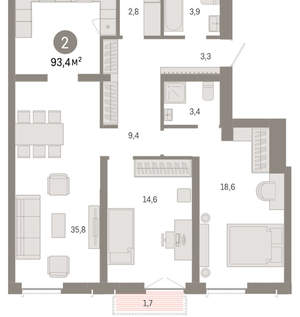 2-к квартира, вторичка, 93м2, 6/23 этаж