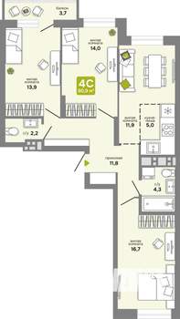 4-к квартира, строящийся дом, 81м2, 19/25 этаж
