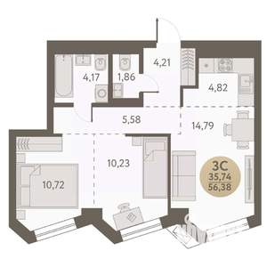 3-к квартира, вторичка, 56м2, 29/31 этаж