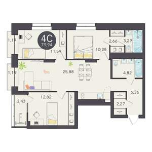 4-к квартира, вторичка, 80м2, 12/25 этаж