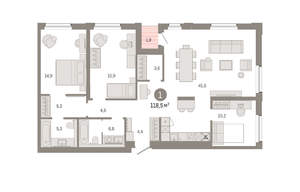 1-к квартира, вторичка, 118м2, 9/24 этаж
