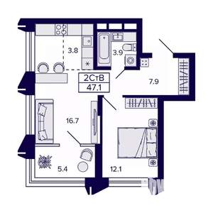 2-к квартира, вторичка, 47м2, 7/8 этаж