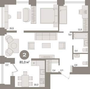2-к квартира, вторичка, 85м2, 16/30 этаж