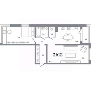 2-к квартира, вторичка, 70м2, 2/12 этаж