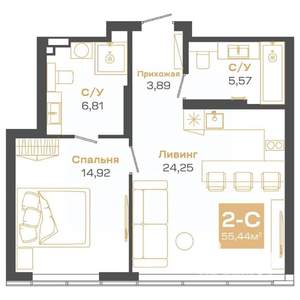 2-к квартира, строящийся дом, 55м2, 24/24 этаж