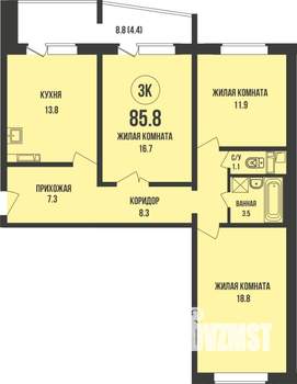 3-к квартира, строящийся дом, 86м2, 11/13 этаж