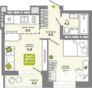 2-к квартира, вторичка, 40м2, 14/25 этаж