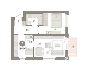 2-к квартира, вторичка, 49м2, 8/9 этаж