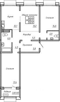 3-к квартира, строящийся дом, 83м2, 9/15 этаж