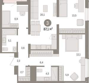 3-к квартира, вторичка, 87м2, 13/15 этаж