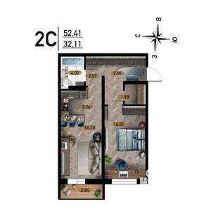 2-к квартира, строящийся дом, 52м2, 10/17 этаж