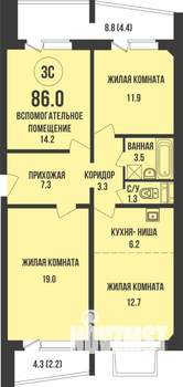 3-к квартира, строящийся дом, 86м2, 1/13 этаж