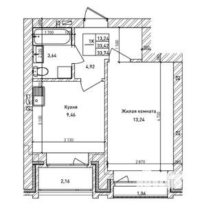 1-к квартира, строящийся дом, 33м2, 14/14 этаж