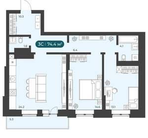 3-к квартира, вторичка, 74м2, 7/25 этаж