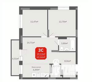 3-к квартира, строящийся дом, 59м2, 13/17 этаж