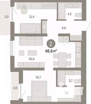 2-к квартира, вторичка, 67м2, 5/9 этаж