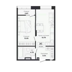 2-к квартира, строящийся дом, 39м2, 7/9 этаж