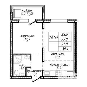 2-к квартира, строящийся дом, 37м2, 14/17 этаж
