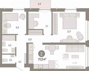 2-к квартира, вторичка, 77м2, 2/7 этаж