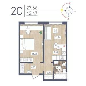 2-к квартира, строящийся дом, 42м2, 1/17 этаж