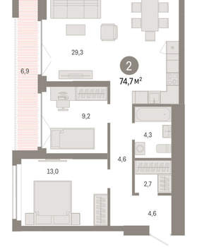 2-к квартира, вторичка, 75м2, 12/23 этаж