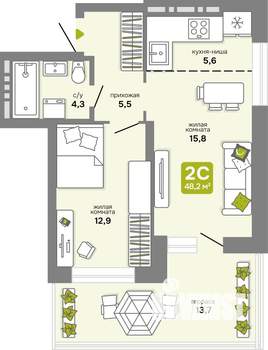 2-к квартира, вторичка, 48м2, 1/25 этаж