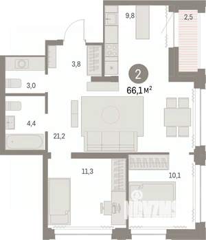 2-к квартира, вторичка, 66м2, 24/30 этаж